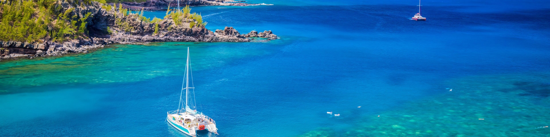 Landscape of Honolua Bay in Maui Hawaii. Honolua Bay located north of Kapalua, West Maui Hawaii, United States. Snorkeling paradise coral reefs in marine preserve.