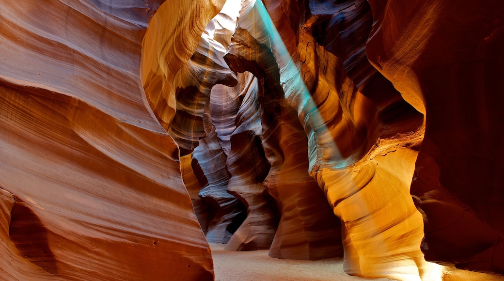 Colorful sun beam shining in Antelope Canyon.