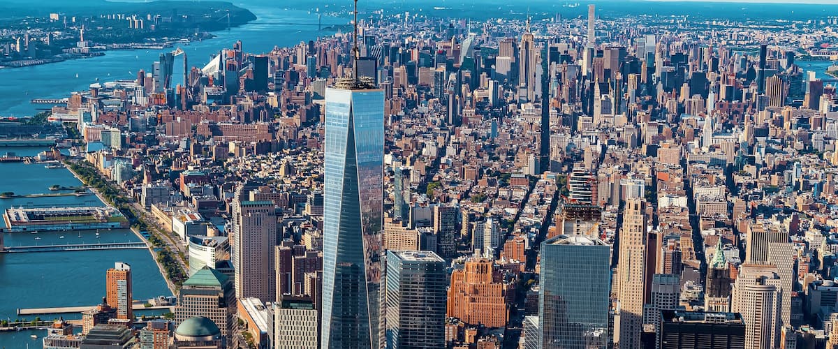 NEW YORK - JULY 02 2016: Aerial view of the Freedom Tower at One World Trade Center, Manhattan, New York