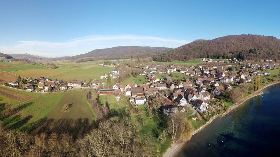 A riverside village with houses and fields, a bridge, and hills in the background.