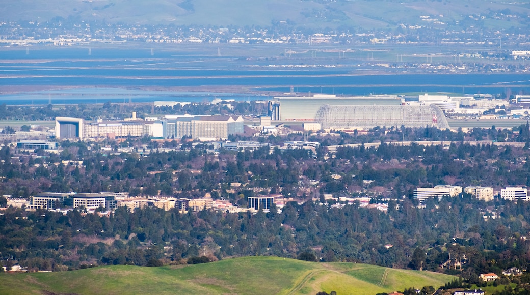 Aerial view of the NASA Ames Research Center and Moffett field on the shoreline of south San Francisco bay area, Mountain View, California