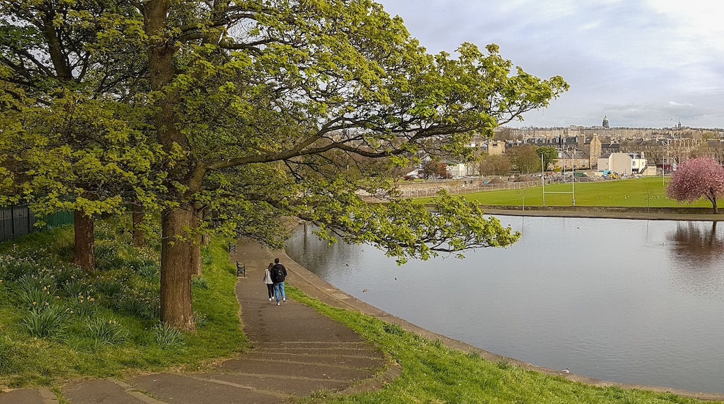 Panoramic romantic view, walking couple at Inverleith Park, Edinburgh, Scotland
