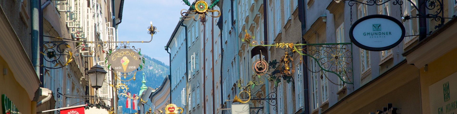 Getreidegasse showing signage, street scenes and heritage architecture