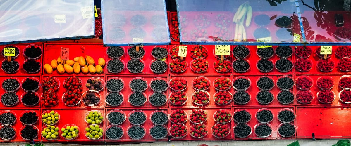 Stockholm, Sweden Fruit and berries on display at the Haymarket Square, or Hotorget.
