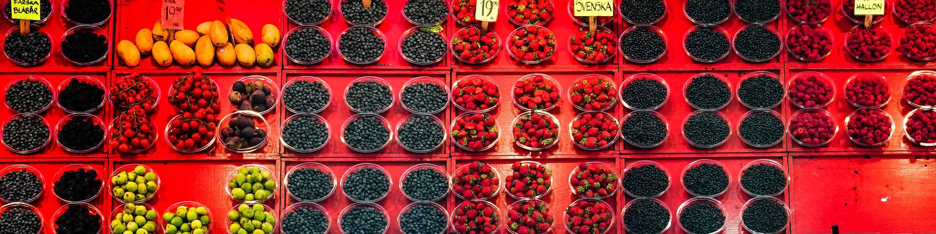 Stockholm, Sweden Fruit and berries on display at the Haymarket Square, or Hotorget.