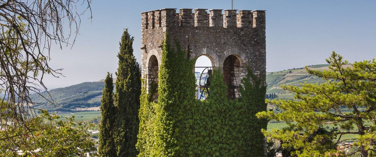 A tower with a flag, surrounded by greenery and hills.