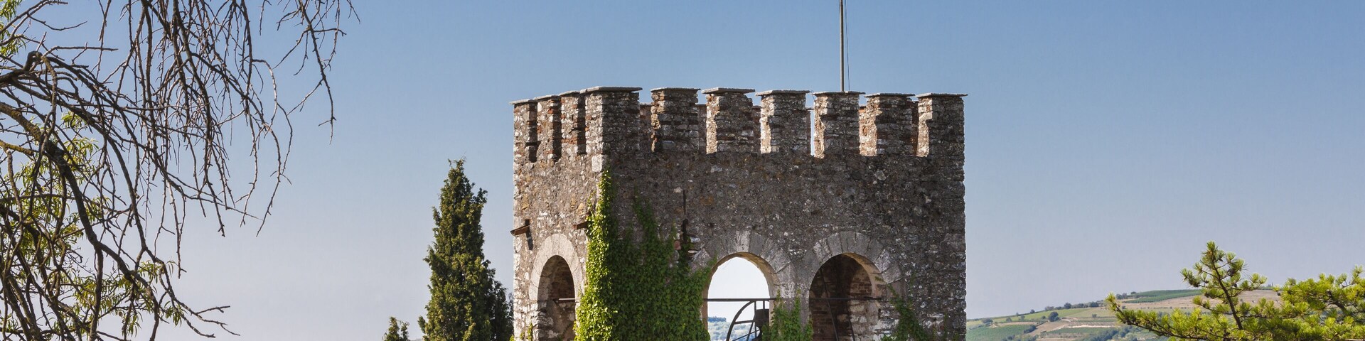 A tower with a flag, surrounded by greenery and hills.