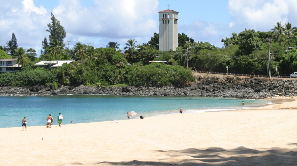 Waimea Bay showing a coastal town, tropical scenes and a beach