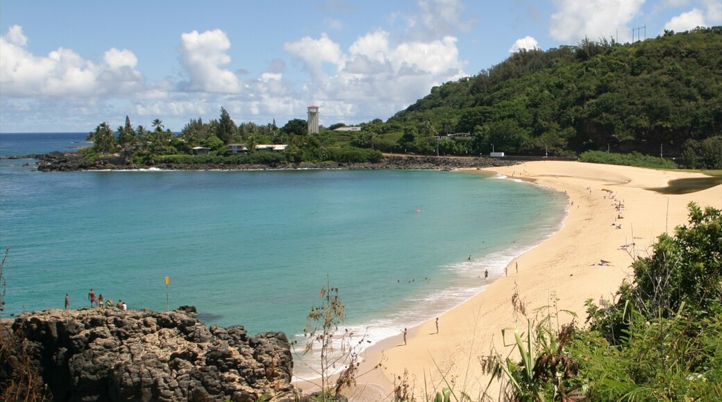 Waimea Bay featuring a sandy beach, landscape views and tropical scenes