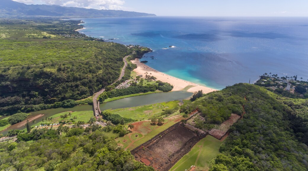 Aerial view of Waimea Bay and Pu'u O Mahuka Heiau State Historic Site Hawaii