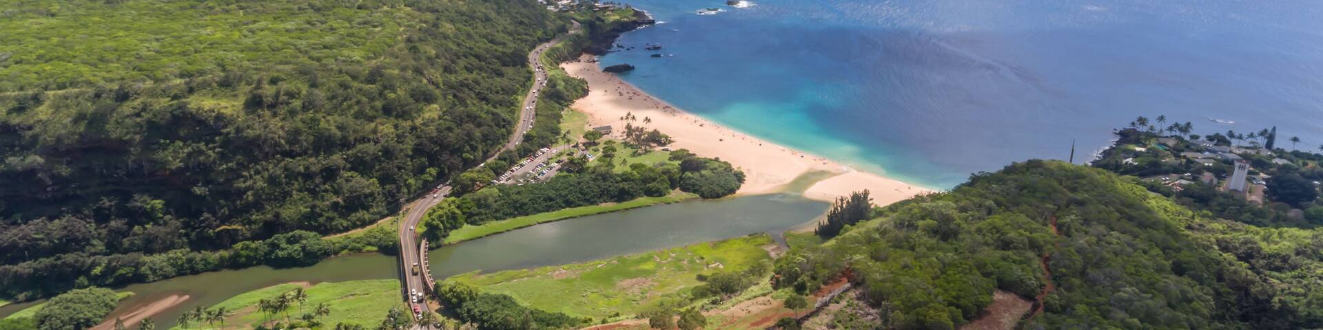 Aerial view of Waimea Bay and Pu'u O Mahuka Heiau State Historic Site Hawaii