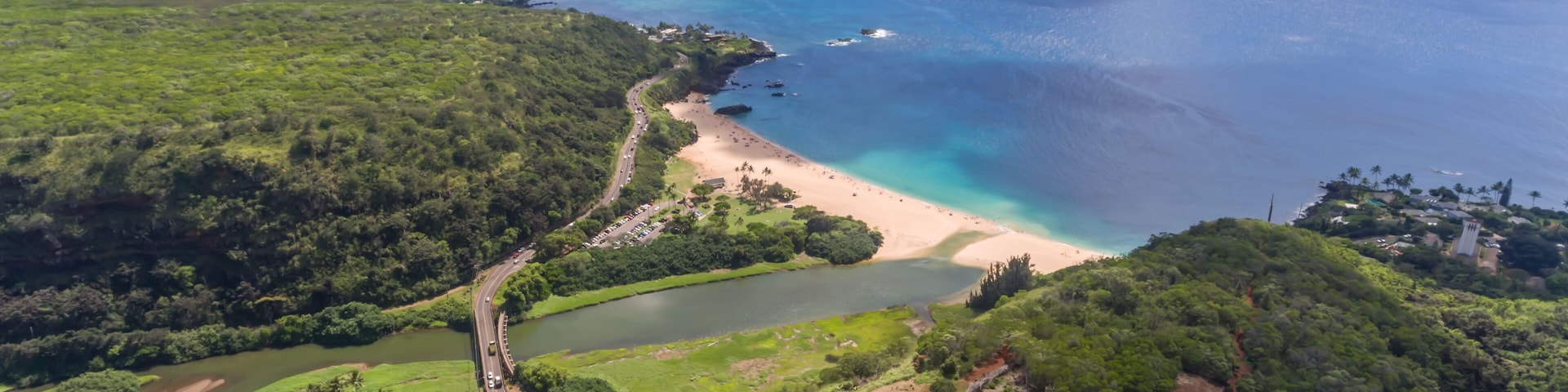 Aerial view of Waimea Bay and Pu'u O Mahuka Heiau State Historic Site Hawaii