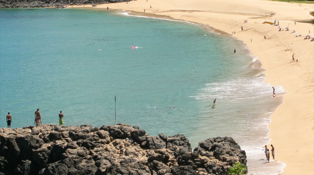 Waimea Bay featuring a sandy beach and general coastal views as well as a small group of people