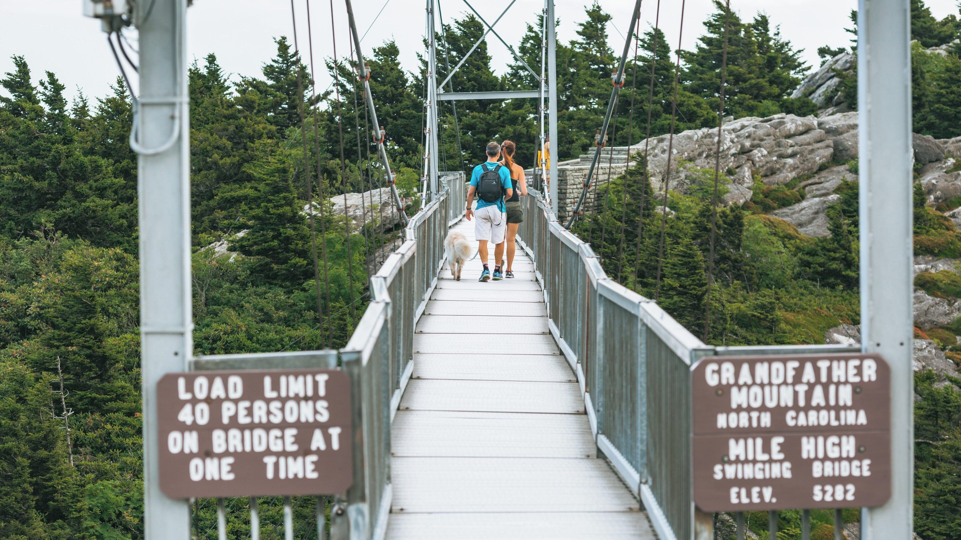 Exploring the high swinging bridge at Grandfather Mountain in Boone North Carolina with scenic views and visitors