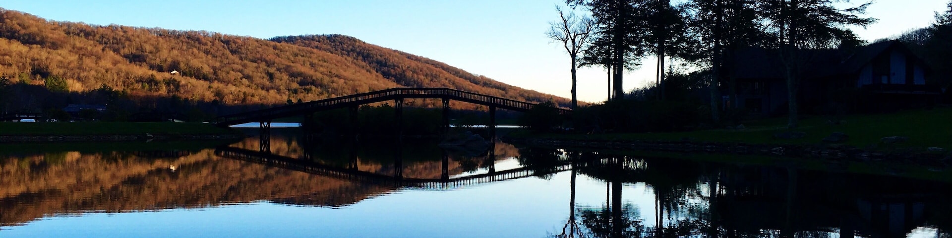 Ein ruhiger See mit einer Holzbrücke und zwei Bäumen, die sich im Wasser spiegeln.