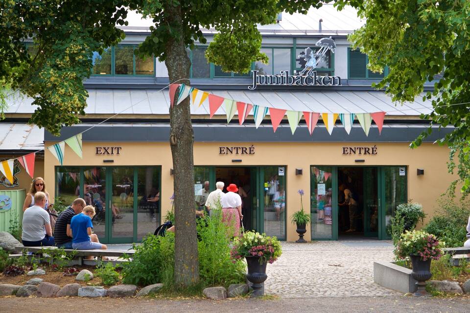 A restaurant named Junibacken with colorful flags, a cobblestone path, and people sitting outside.