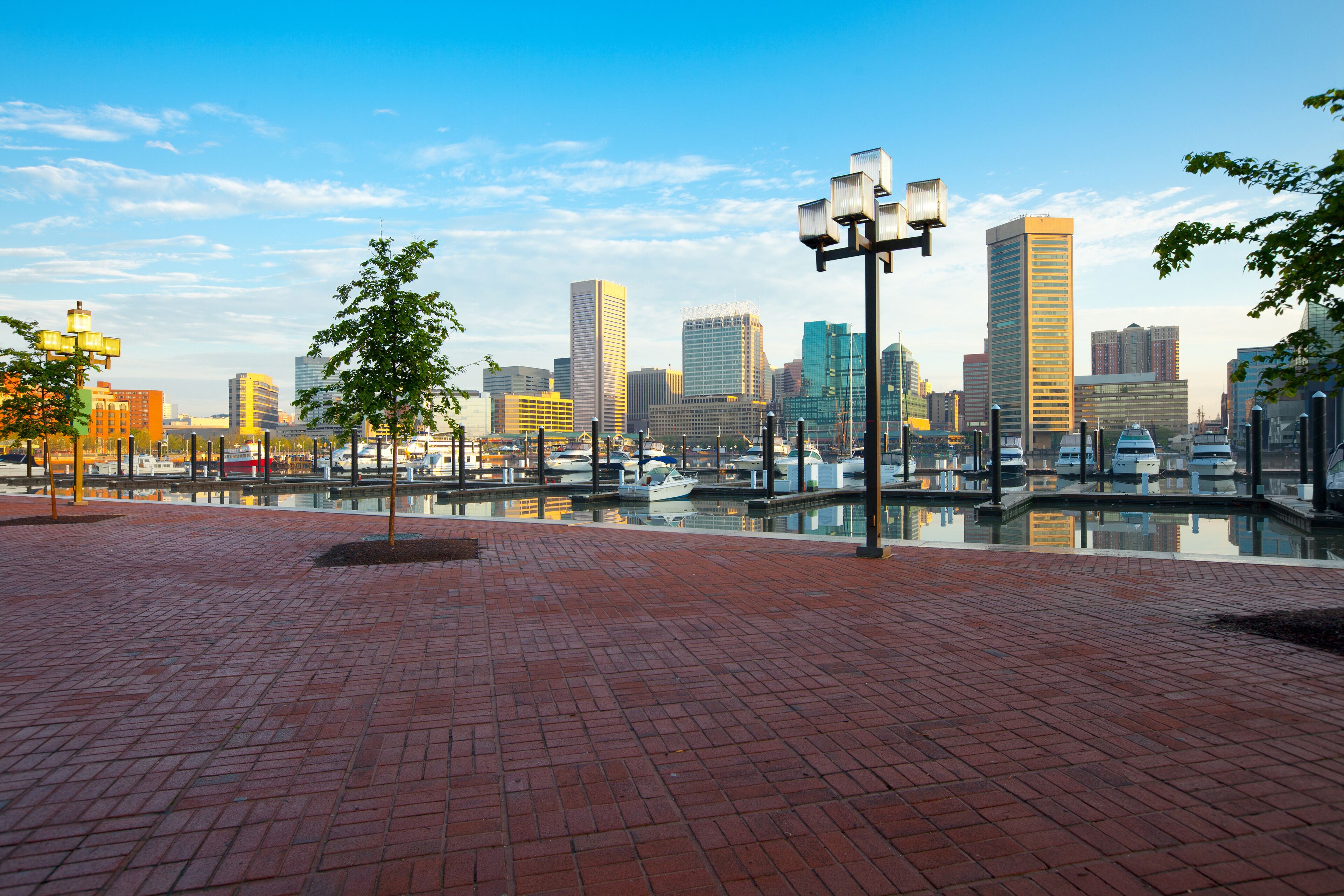 Downtown city skyline, Inner Harbor and marina, Baltimore, Maryland, USA