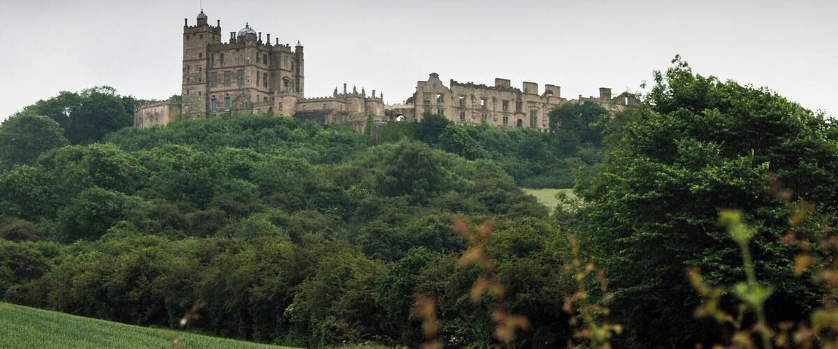A large, historic castle on a hill surrounded by lush greenery.