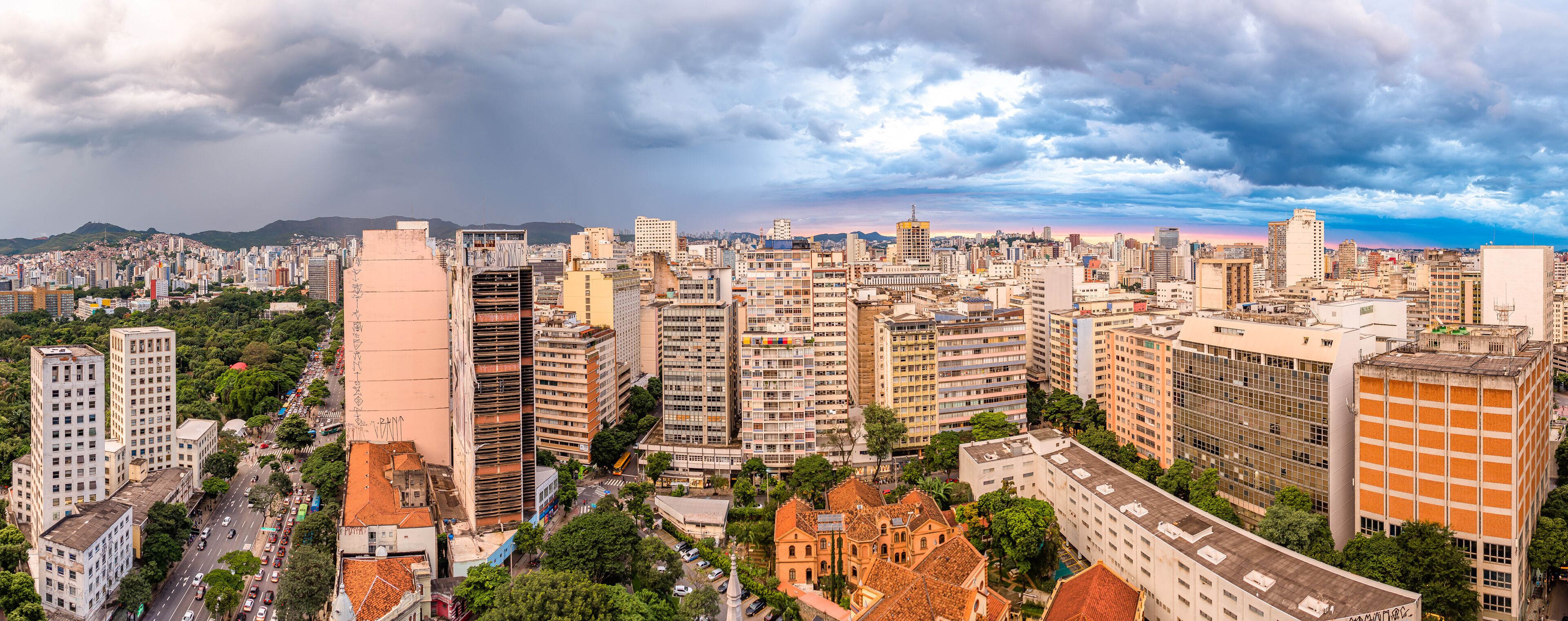 Panoramic Aerial View of Belo Horizonte City Skyline, including Famous Afonso Pena Avenue in Minas Gerais State, Brazil