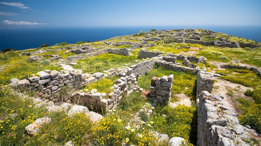 The ruins of ancient Thira, a prehistoric village at the top of the mountain Mesa Vouno, Santorini, Greece.