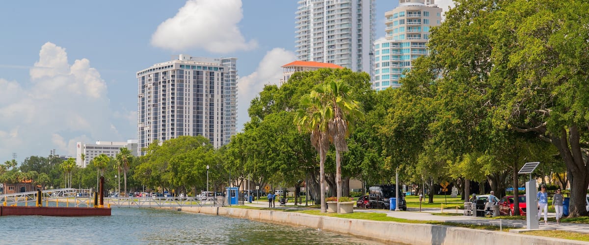 Downtown St. Petersburg showing a river or creek