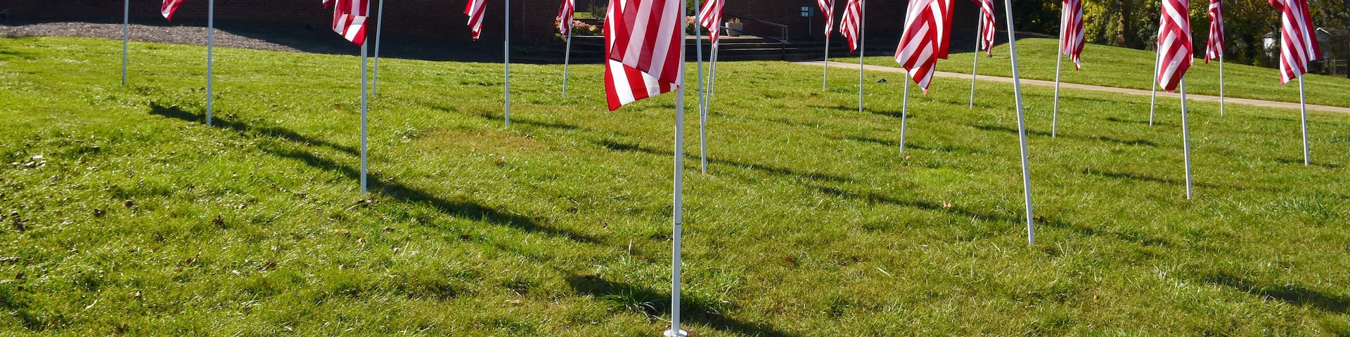American flags in front of the Manasas Museum, Old Town Manassas, Virginia, USA