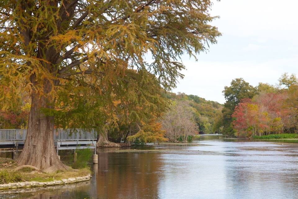Een rivier met herfstbladeren, een brug en een bebost heuvellandschap.