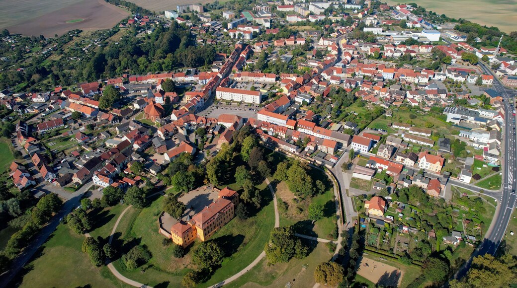 Aerial panoramic view around the old town of the city Stavenhagen on a sunny noon in summer in Germany.