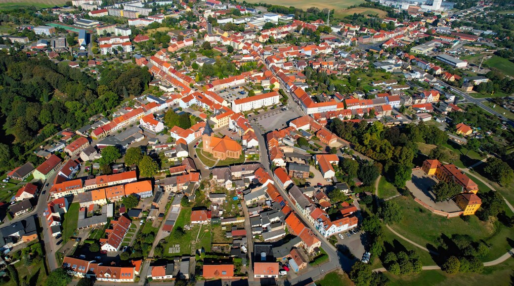 Aerial panoramic view around the old town of the city Stavenhagen on a sunny noon in summer in Germany.