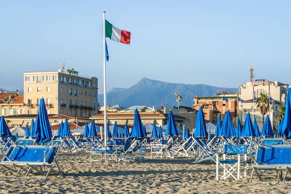 Viareggio beach with colorful umbrellas.Tuscany, Italy.