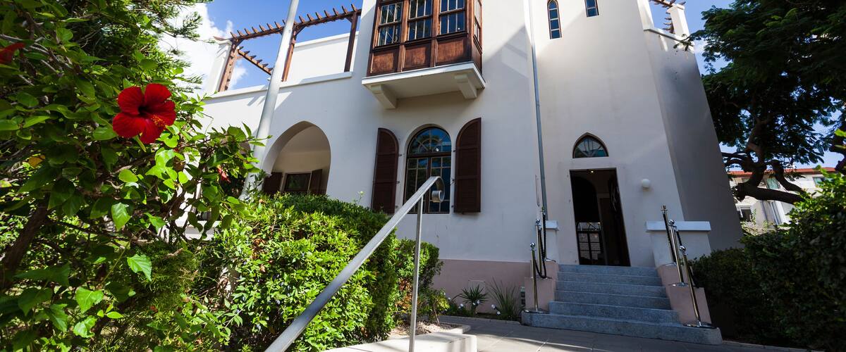 Facade and entrance in Bet Bialik House museum. Tel Aviv, Israel
