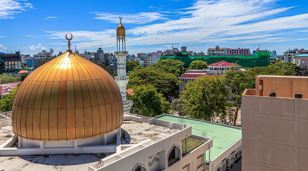 Grand Friday Mosque surrounded by buildings and trees under the sunlight in Male, Maldives