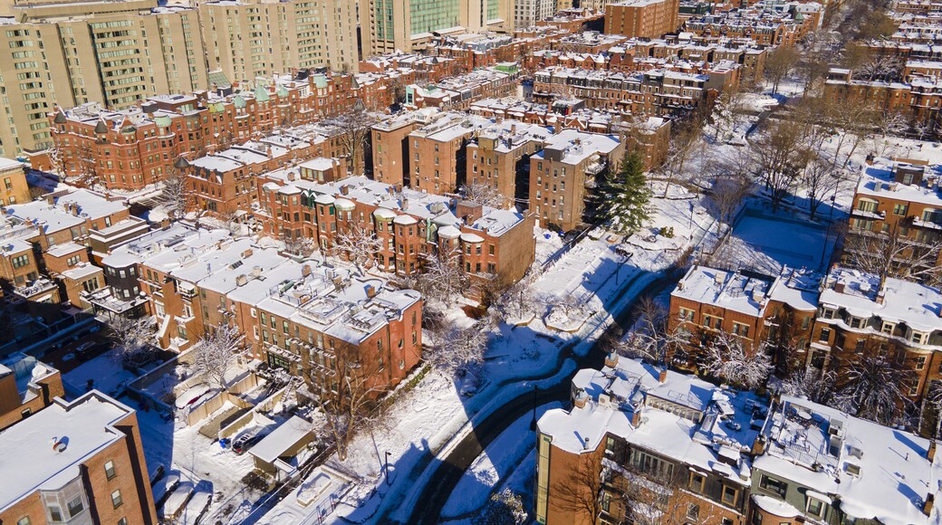 Boston historic townhouse in South End aerial view in winter, city of Boston, Massachusetts MA, USA.