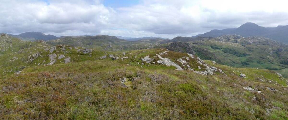 Ardnish Peninsula, with Loch Ailort, Sound of Arisaig, Loch nan Uamh and much more visible. 360 degrees panoramic image made from own photos using hugin and enblend, slightly retouched filling gaps.