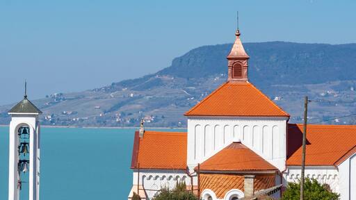 Nagybolgogasszony church in Fonyod Hungary with Lake Balaton background