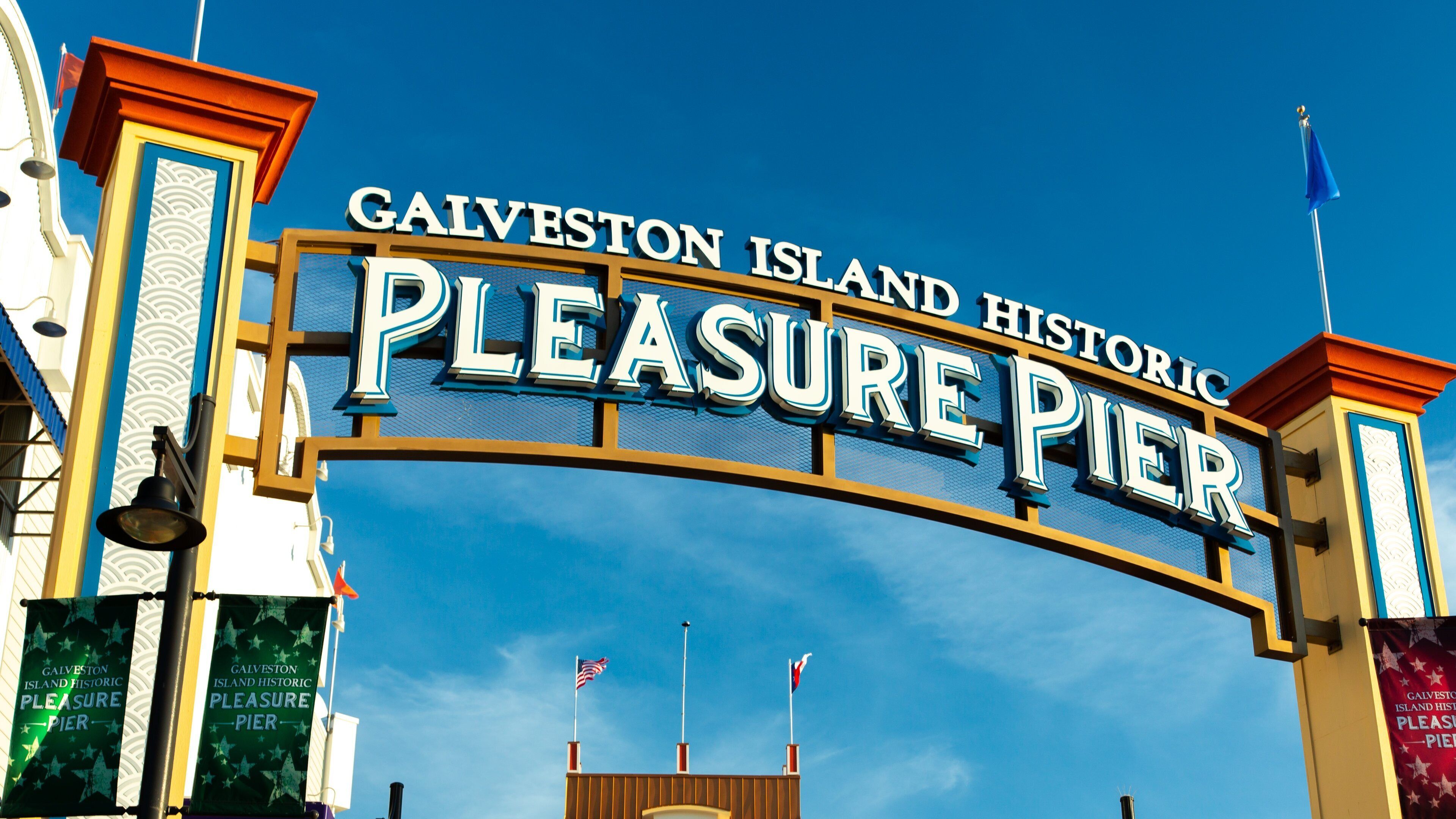 A sign for Galveston Island Historic Pleasure Pier.