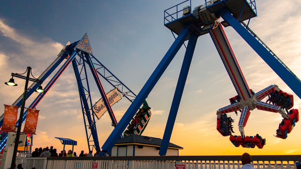 A Ferris wheel and a swing ride at a fair.