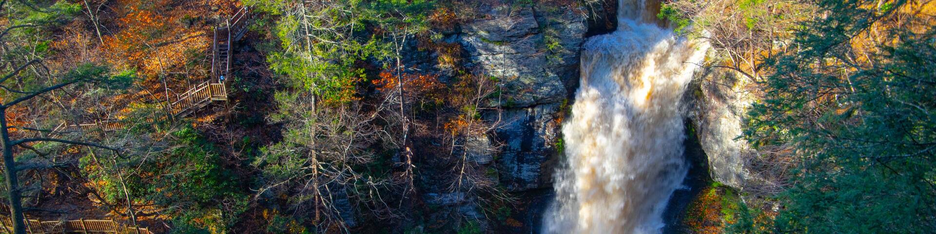 A waterfall surrounded by autumn foliage and a wooden bridge.