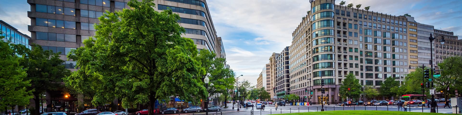 Walkway and buildings at McPherson Square, in Washington, DC.