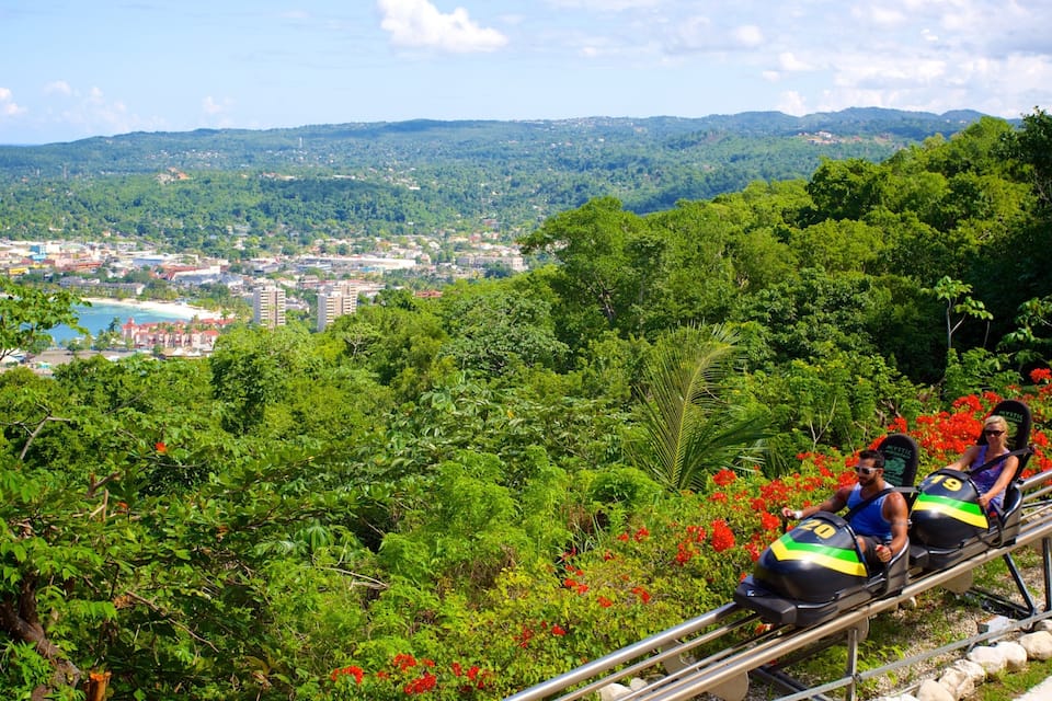 Vista panorámica de una ciudad costera con abundante vegetación y una vía de montaña rusa.
