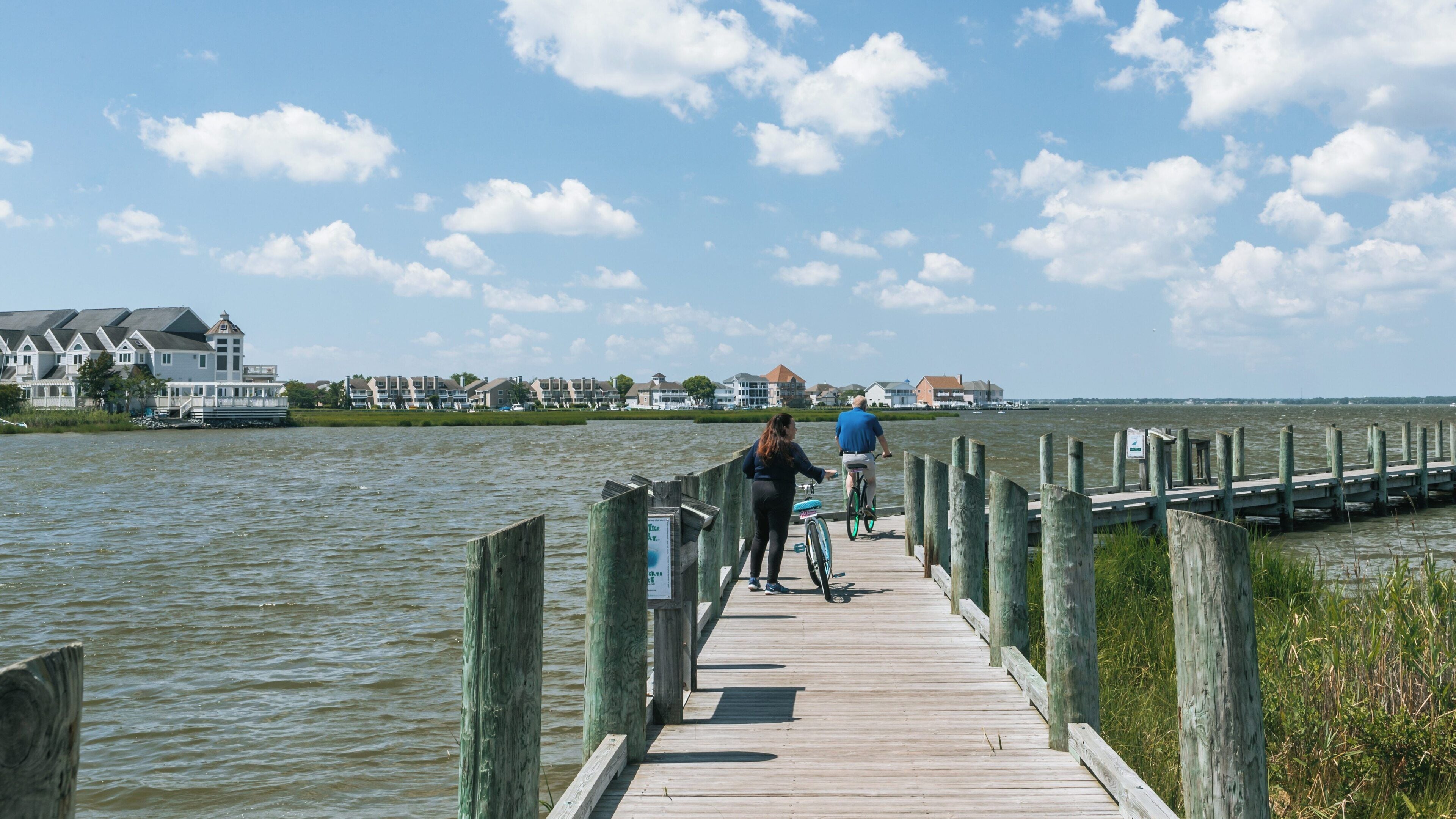 Strolling along the dock at Northside Park in North Ocean City, Maryland on a sunny day by the water