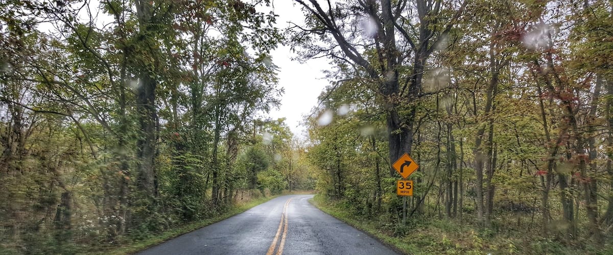 A two-lane road winding through a forest with a speed limit sign of 35 mph.