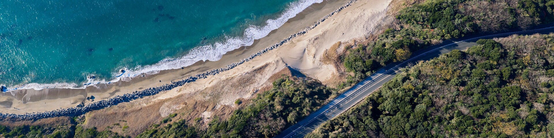 Turquoise Pacific Shoreline and Coastal Road, Aerial View, Atsumi Peninsula, Japan