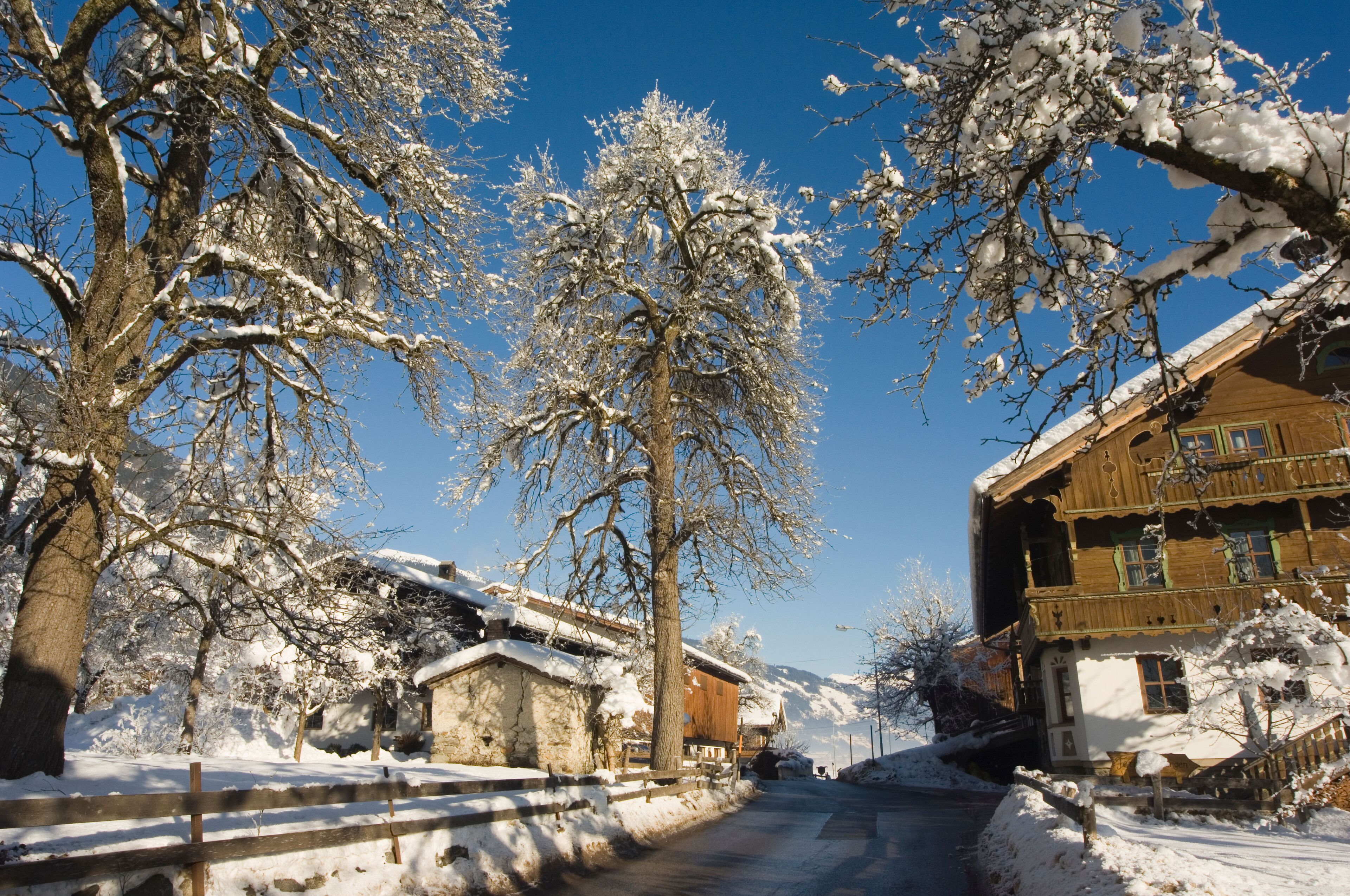 winter snow Hippach village Mayrhofen ski resort Zillertal Valley Austrian Tyrol Austria