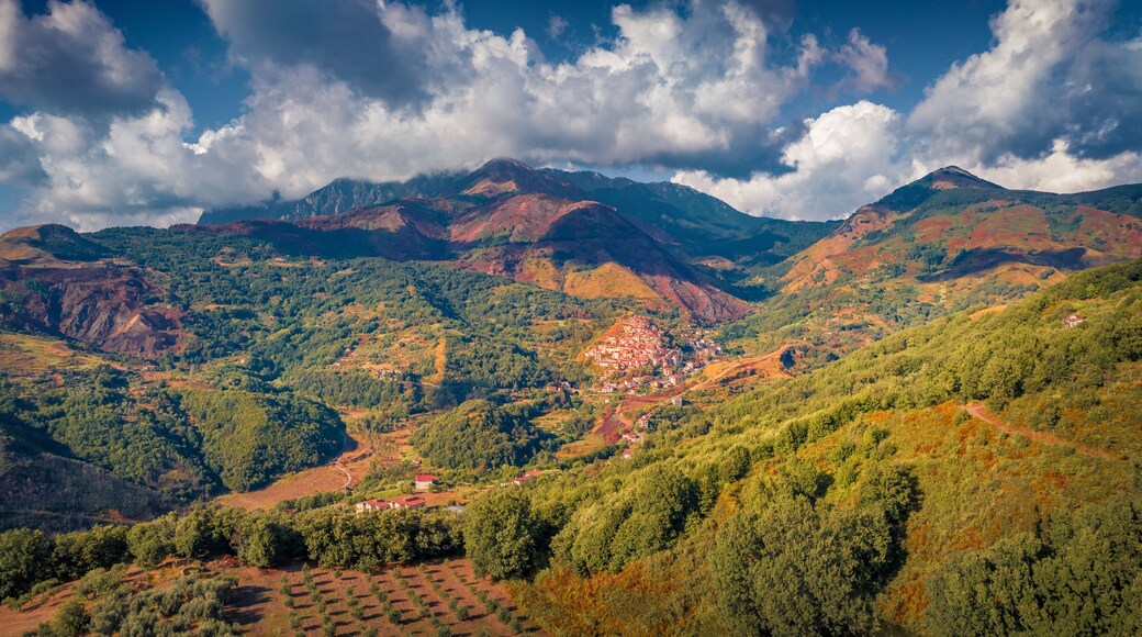 Majestic summer view of Sangineto mountain village, Province of Cosenza, Italy, Europe. Fantastic morning scene of the italian countryside. Beauty of nature concept background.