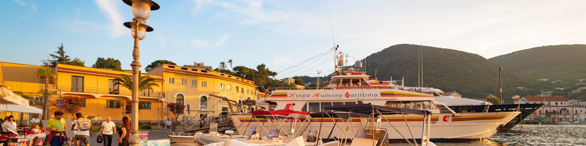 Ischia Port showing a bay or harbor and a sunset