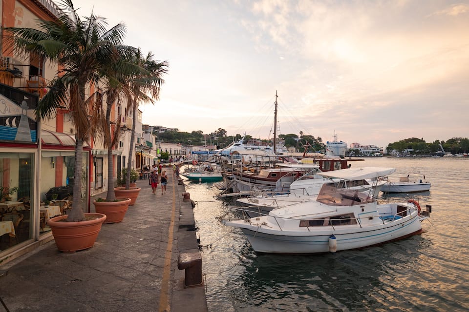 A marina with boats docked along the waterfront, surrounded by buildings and palm trees.
