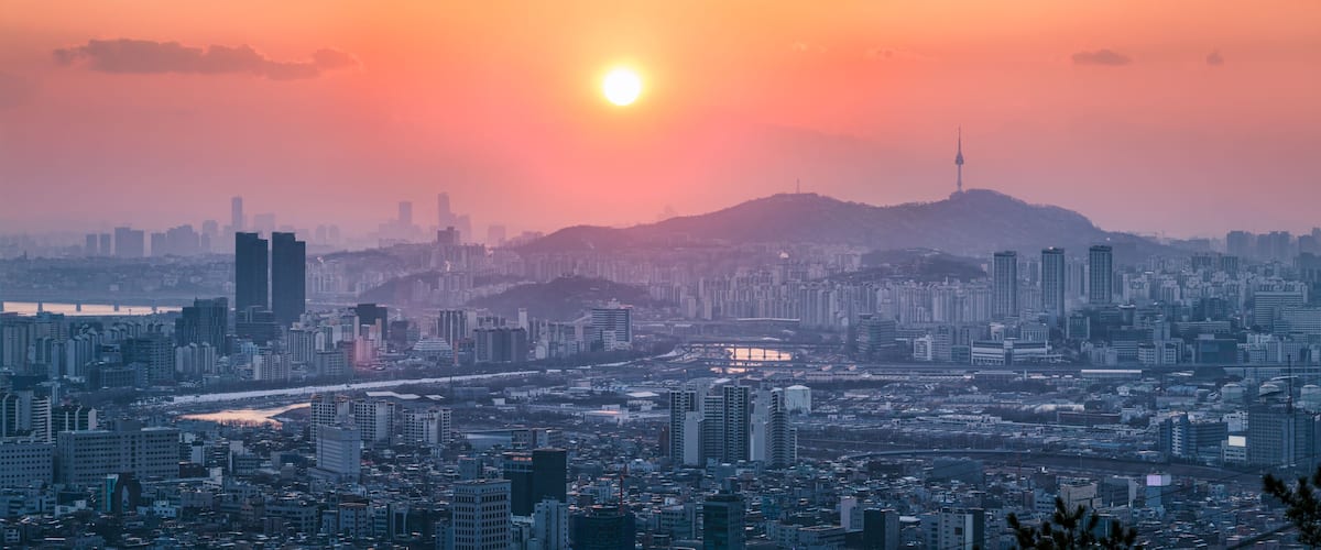 Panoramic view of the Seoul skyline at sunset, South Korea