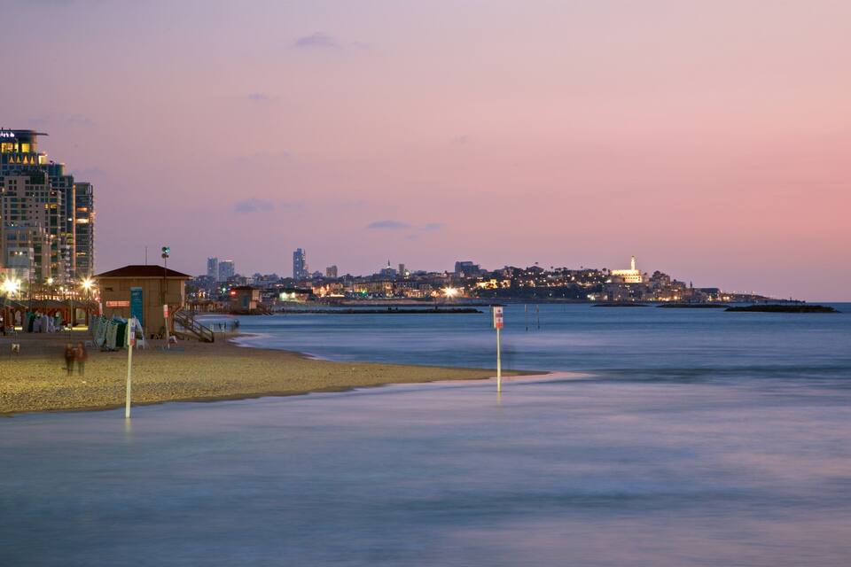 A beach with a cityscape in the background.