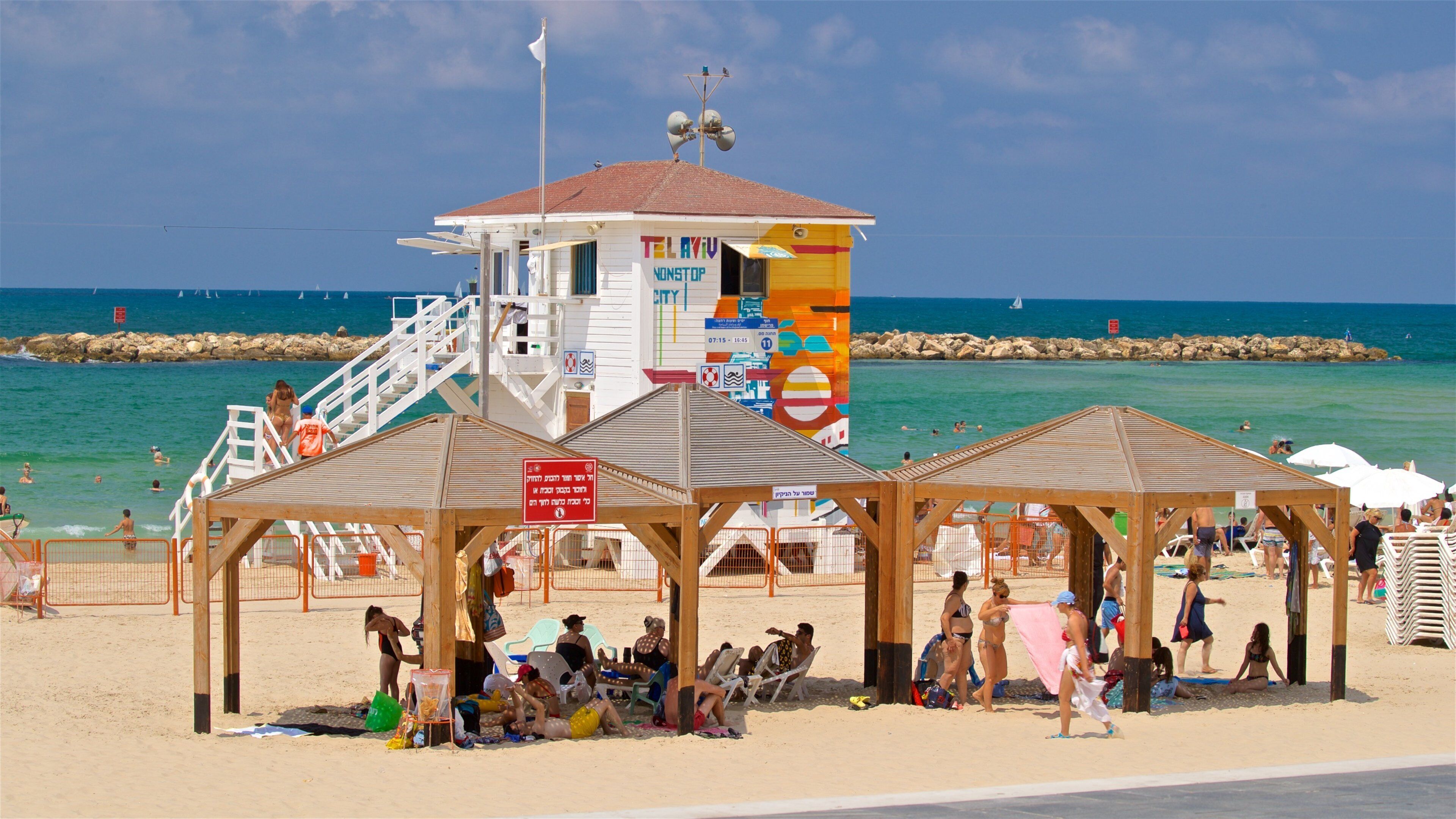 Frishman Beach which includes a beach and general coastal views as well as a small group of people